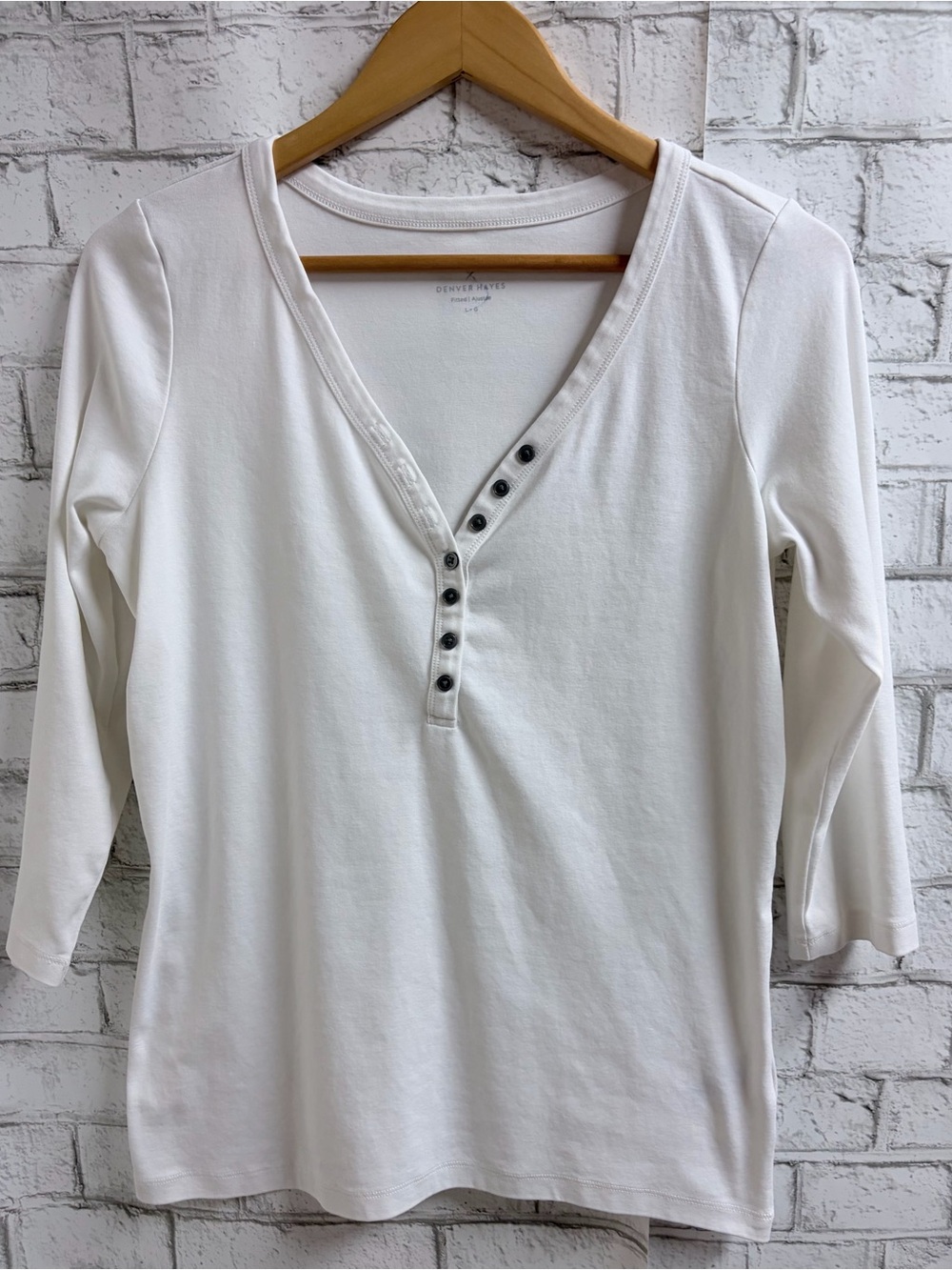Denver Hayes White Long-Sleeve Henley Top with Button Placket